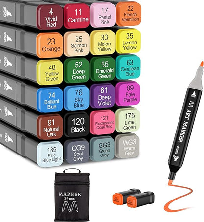 Banral Alcohol Markers, 24 Colors Dual Tip Alcohol Based Art Marker Set for Artists Adults, Permanent Drawing Pens for Adult Coloring Sketching Illustration