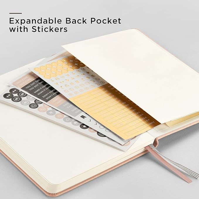, A5 Hardcover Leather Bullet Dotted Journal, 160 Pages 100 gsm Thick Paper，3 Sheets of Stickers Included - 5.7'' x 8''（Apricot）