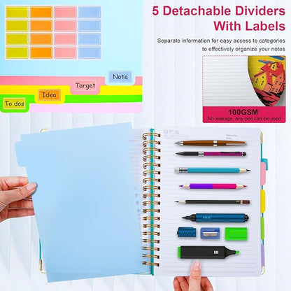 Hardcover Spiral Notebook 8"x10" Journal Notebook with Tabs and Removable Dividers 300 Pages 5 Subject Notebook College Ruled, Faux Leather Spiral Bound Notebook for Women School Work (Rose Red)