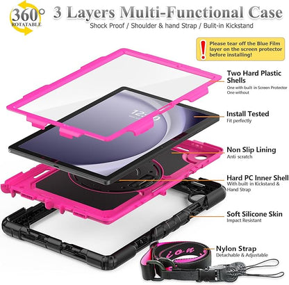 SEYMAC stock Case for Samsung Galaxy Tab A9+ Plus 11'', Full-Body Drop Protection Case with Screen Protector Pencil Holder [360° Rotating Hand Strap] &Stand, Pink+Black