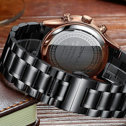 CRRJU Men's Fashion Stainless Steel Watches Date Waterproof Chronograph Wristwatches,Black Steel Band Waterproof Quartz Watch for Men