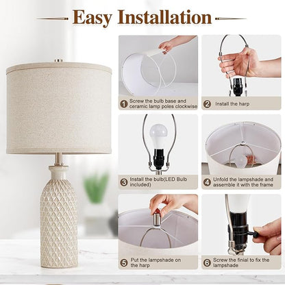 Luvkczc Ceramic Table Lamps Set of 2, Farmhouse 24.8" Bedside Lamps with 3-Color Temperature, Modern Nightstand Lamp Desk Reading Lamp for Bedroom, Living Room, Office, 2 Bulbs Included