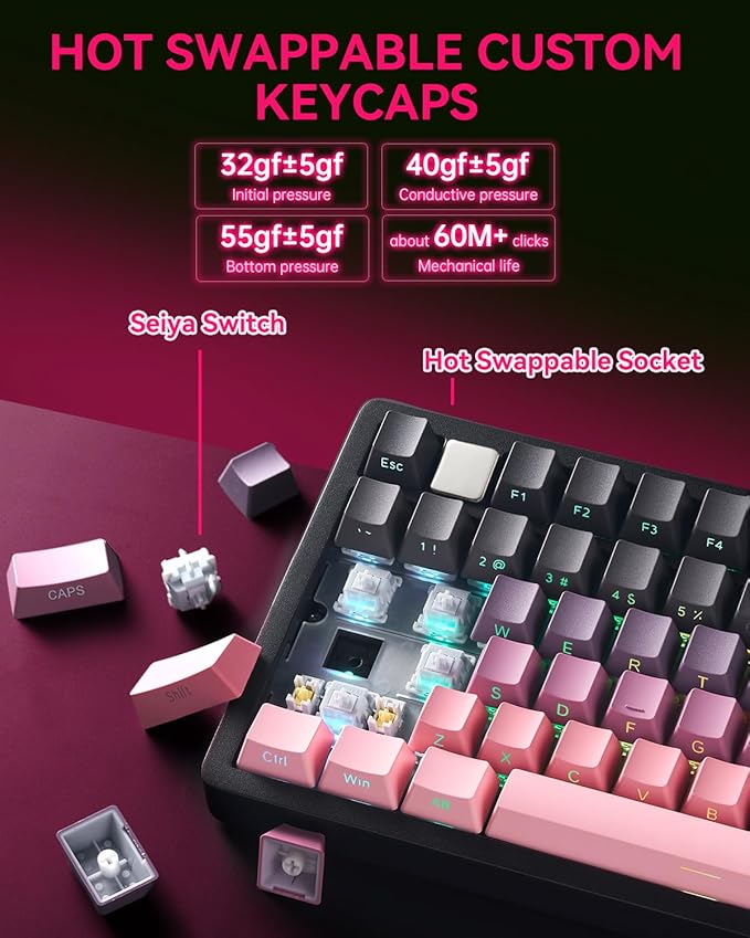 LEOBOG Wireless Mechanical Keyboard,75% Gasket Hot Swappable Custom Keyboard with Knob, 2.4GHz/USB-C/BT5.0 Mechanical Gaming Keyboards for PC/MAC/Windows - Seiya Switch, Black Pink (HI75C Pro)