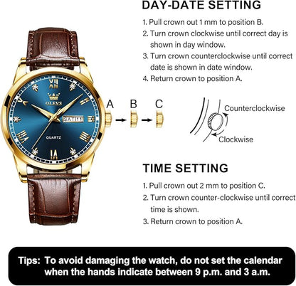 Men's Casual Leather Watch, Easy to Read Three-Hand Analog Stainless Steel Watches for Men, Minimalist Day Date Waterproof Luminous Mens Quartz Wristwatch