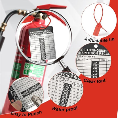 100 Sets 2026–2029 Fire Extinguisher Tags Aluminum Metal Inspection Record Tags 2.2 x 3 Inch with Hole Puncher & Numbered Security Zip Ties for Monthly Fire Extinguisher Inspection Indoor Outdoor