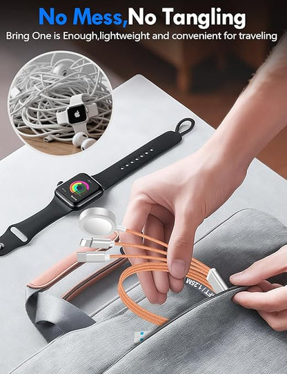 1Pack Multi Charging Cable Cord for Travel Essentials,Apple Watch Charger,iPhone Charger,[3-in-2] Type C/Lightning Cable Portable Designed for iWatch,iPhone 17-8,Galaxy S25-21,AirPods,iPad-4FT Orange