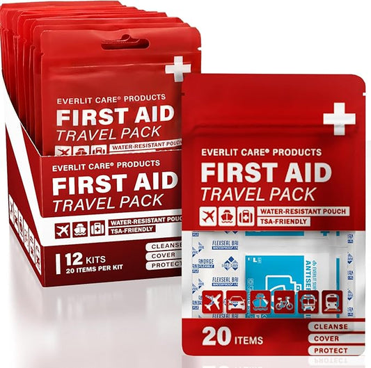 Travel Bandage Pack | 12 Individual Packets, Bulk Portable Mini First Aid Kit with 20 On-The-Go Essentials | Compact Water-Resistant Reusable Pouch to Clean, Cover & Protect