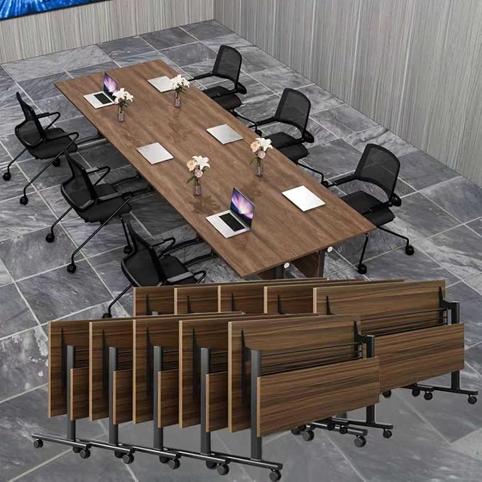 Conference Table Folding Conference Room Tables, Modern Mobile Meeting Training Table with Silent Wheels, Foldable Seminar Table for Offices, Classrooms, Libraries (10, Walnut, 70.8in)