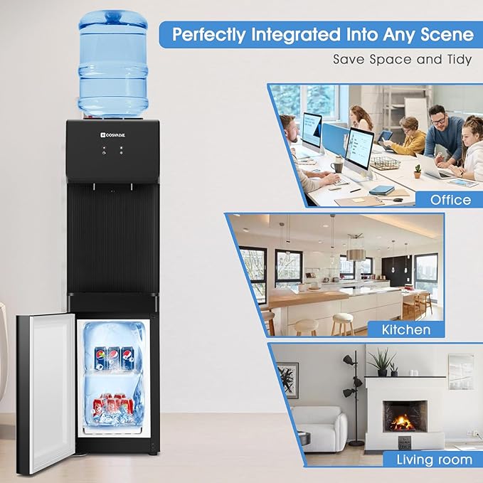 Top Loading Water Cooler Dispenser, 5 Gallon Hot & Cold Water Cooler with Freezer Cabinet, Water Dispenser with Child Safety Lock for Home Office, Apartment, Dorm, Gym