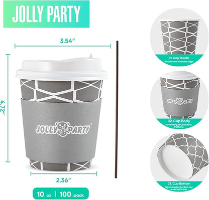 JOLLY PARTY [100 Sets] 10 oz Paper Coffee Cups, Disposable Coffee Cups with Lids, Sleeves and Straws, Hot Cold Beverage Drinking Cup for Water or Tea, To-Go Cups Suitable for Office and Travel