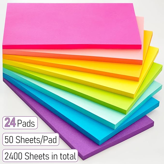 24 Pack 1200 Sheets Sticky Notes 3x5 Bright Color Self-Stick Notes Pads 50 Sheets/Pad, 8 Colors