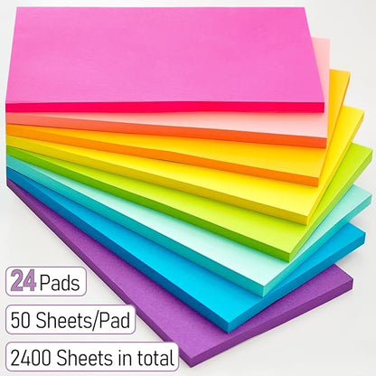 24 Pack 1200 Sheets Sticky Notes 3x5 Bright Color Self-Stick Notes Pads 50 Sheets/Pad, 8 Colors