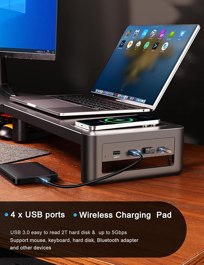 Monitor Stand with Wireless Charging and 4 USB Ports, Steel Monitor Stands for 3 Monitors, Metal Computer Stand Riser for Desk, Office, Laptop, PC up to 32 Inches (Black)