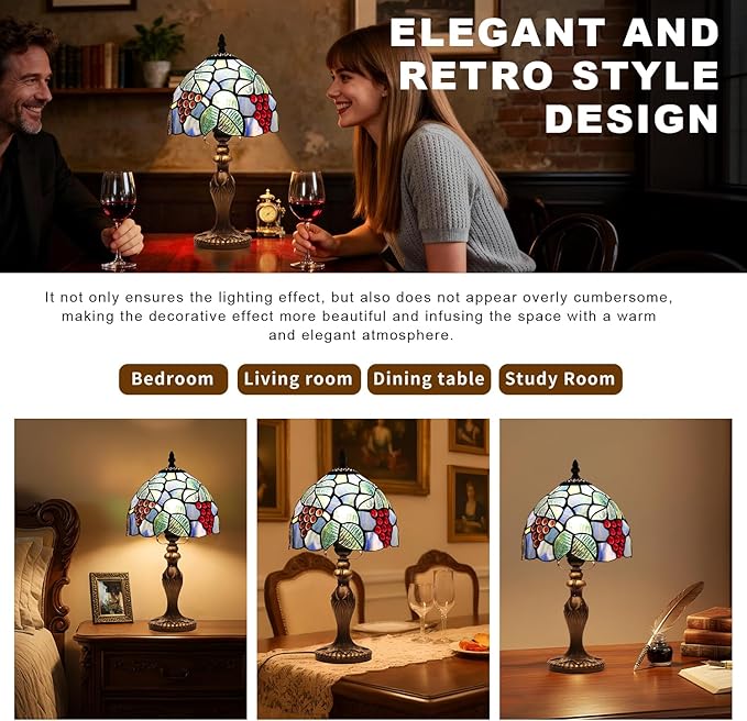 Stained Glass Lamp, Grape Style Table Lamp, 8 Inch Small Antique Lamp, for Bedside Nightstand Bedroom Living Room Home Office