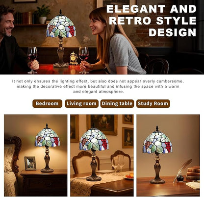 Stained Glass Lamp, Grape Style Table Lamp, 8 Inch Small Antique Lamp, for Bedside Nightstand Bedroom Living Room Home Office
