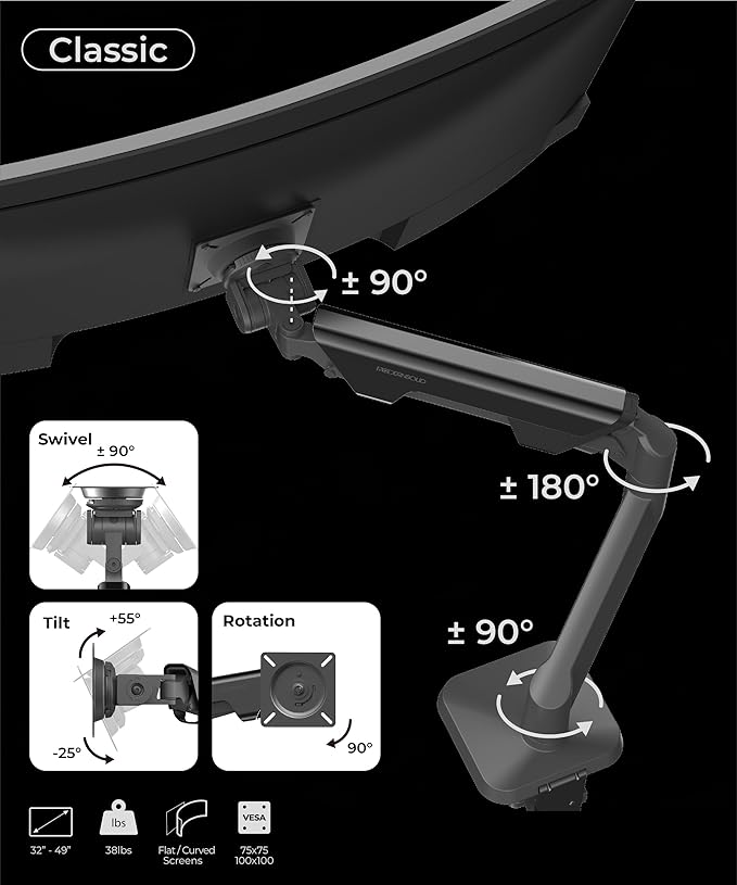 Heavy Duty Monitor Arm Desk Mount for 34-49 Inch Ultrawide Curved Monitors, Supports 14-38 lbs, Gas Spring Ergonomic Full Motion with Cable Management, Red Dot Design Awarded, Black
