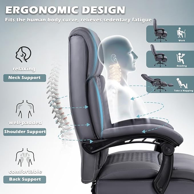 Big and Tall Office Chair with Foot Rest 400lbs, Heavy Duty Executive Leather Office Chair for Heavy People, Grey High Back Ergonomic Comfy Office Desk Chair with Lumbar Support and Footrest
