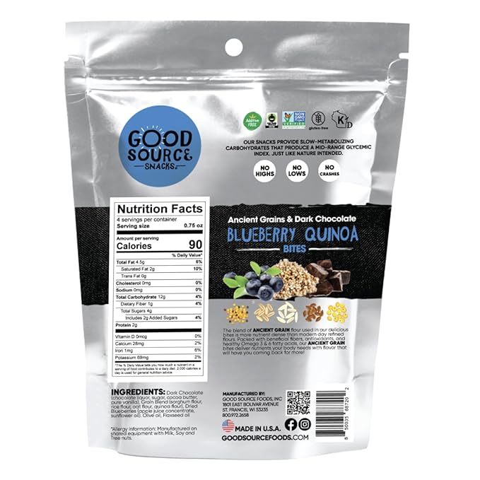 Good Source Snacks Dark Chocolate Bites & Ancient Grains, Blueberry Quinoa Chocolate Crisps, 9 Pack, 3 oz, Vegan, Gluten Free, Non GMO, Kosher Protein Bites