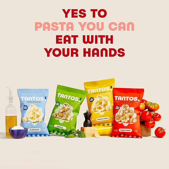 Tantos! Puffed Pasta Chips, Healthy Pasta Snack by Top Chef Joe Sasto, As Seen on Shark Tank, Plant Based, Low Calorie, Crunchy Chips, Variety Pack, Marinara, Pesto, Cacio e Pepe, Classico, Gourmet Bold Flavors, 1oz 24 Pack 6 of Each Flavor, Variety