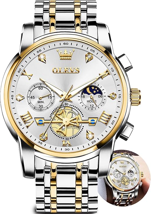 OLEVS Men Silver Watches,Men's Stainless Steel Chronograph Watch,Man Analog Quartz Big Face Male Watches Luxury Waterproof Roman Numeral Dress Diamond Relojes para Hombre