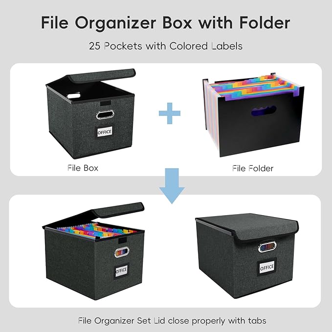 File Organizer Box with Folder, Accordion File Organizer 25 Pockets, File Folder Organizer with Lid for Home, Office, School, Dark Grey