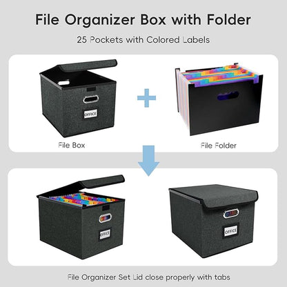 File Organizer Box with Folder, Accordion File Organizer 25 Pockets, File Folder Organizer with Lid for Home, Office, School, Dark Grey