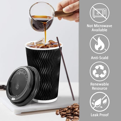 Lamosi 16 oz Disposable Coffee Cups with Lids, 50 Pack Insulated Hot Cups To Go Paper Coffee Cups with Lids and Straws, Corrugated Ripple Wall Cup for Hot Drink, Office, Coffee Bar (Black)