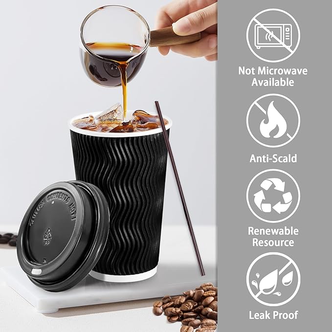 Lamosi 16 oz Disposable Coffee Cups with Lids, 500 Pack Insulated Hot Cups To Go Paper Coffee Cups with Lids and Straws, Corrugated Ripple Wall Cup for Hot Drink, Office, Coffee Bar (Black)