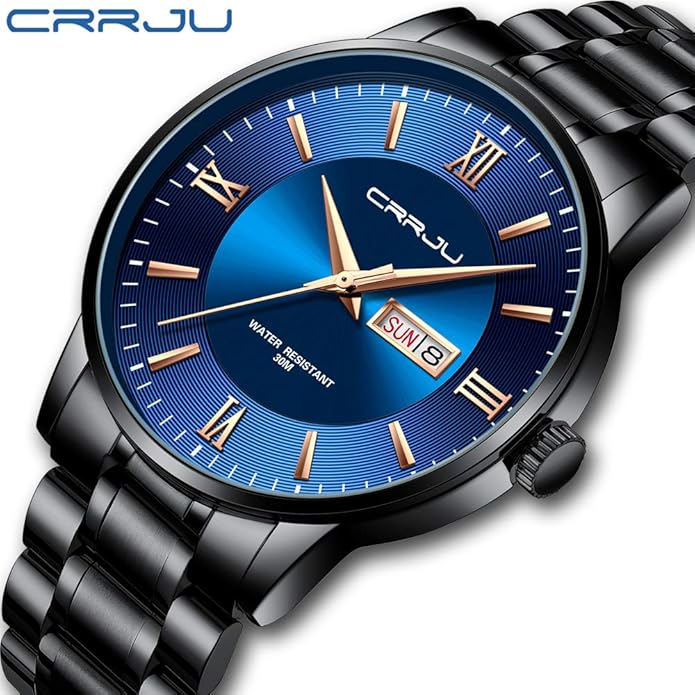CRRJU Men's Fashion Luxury Stainless Steel Watches for Men Business Auto Date Chronograph Analog Quartz Wristwatches