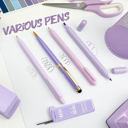 Purple Desk Accessories, 17Pcs Purple Office Supplies Set Include Mesh Desk Organizer, Stapler, Tape Dispenser, Staple Remover, Pen Holder, Clips, Pens, Ruler, for Office Home School Women