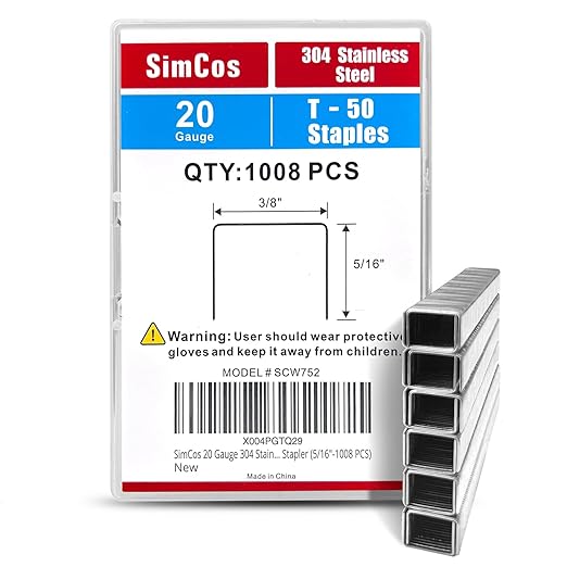 20 Gauge 304 Stainless Steel T/50 Staples - 3/8" Crown Upholstery Staples, 1/4"~9/16" Leg Length, 1008 Counts, Compatible with Staple Gun & T-50 Stapler (5/16"-1008 PCS)