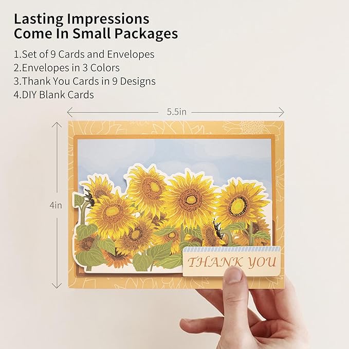 Card Making Kits Greeting Cards DIY Sunflower Thank You Cards with Envelopes, 9 Sets, Includes Wedding Thank You Cards, Sunflower Birthday Cards