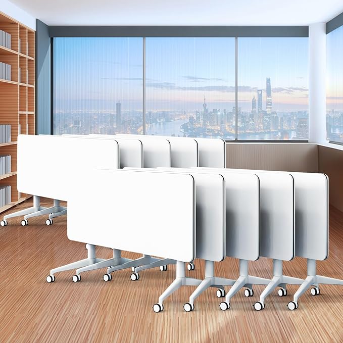 Folding Conference Table,Movable Conference Room Table with Wheels,White Wood Rectangular Conference Table with Modern Business Style,Modular Meeting Training Tables for Office Classroom(10,47.2'')