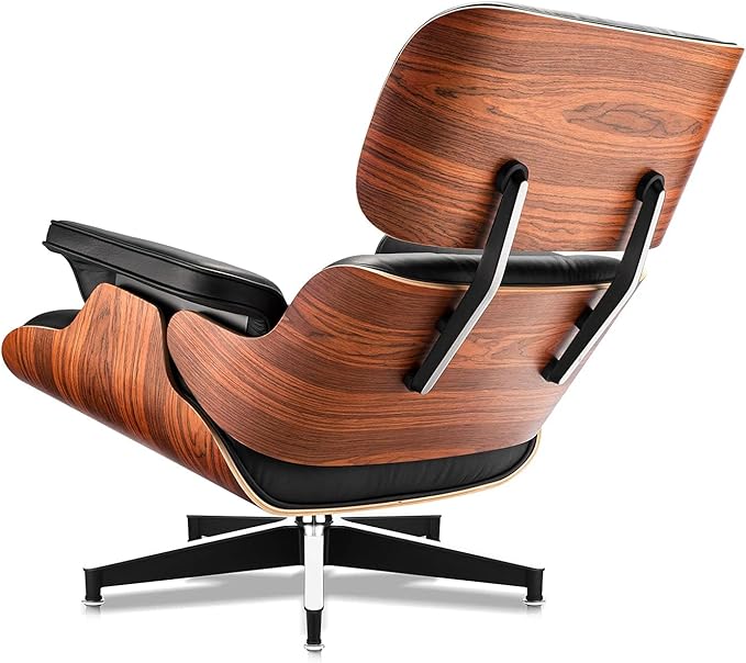 Top Black Grain Leather, Mid Century Chaise Lounge Chair and Ottoman, Modern Chair Classic Design, Palisander Wood, Heavy Duty Base Support for Living Room Office Study