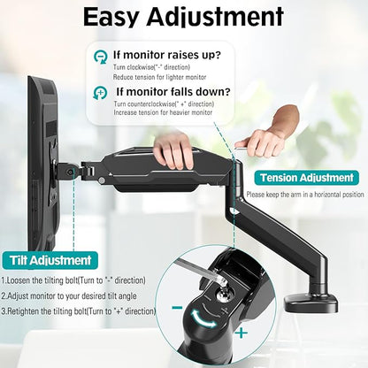 MOUNT PRO Single Monitor Desk Mount - Articulating Gas Spring Arm, Removable VESA Monitor Mount Computer Monitor Stand with Clamp and Grommet Base Fits 13 to 32 Inch Screen, VESA 75x75, 100x100, Black