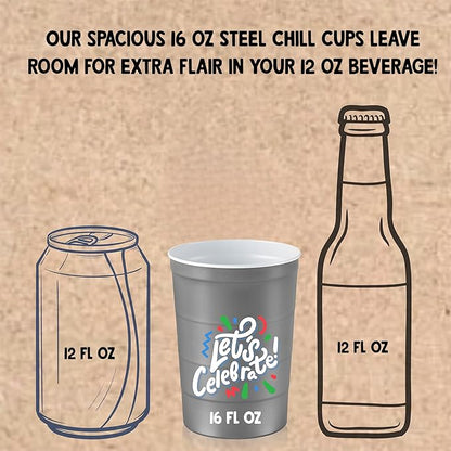 16 oz. Party Cups 'Let's Celebrate Let's Party' Design for Cold Drinks, Durable, Disposable, Recyclable, Made in USA, Gray, 12 Count