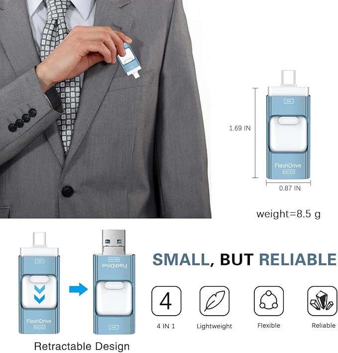 Thumb Drive for iPhone 128GB, 4 in 1 USB Type C Memory Stick, Photo Stick External Storage Falsh Drive for iPhone iPad Android Computer, Sky Blue