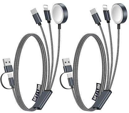 2Pack Multi Charging Cable Cord for Travel Essentials,Apple Watch Charger,iPhone Charger,[3-in-2] Type C/Lightning Cable Portable Designed for iWatch,iPhone 17-8,Galaxy S25-21,AirPods,iPad-1.8M Black