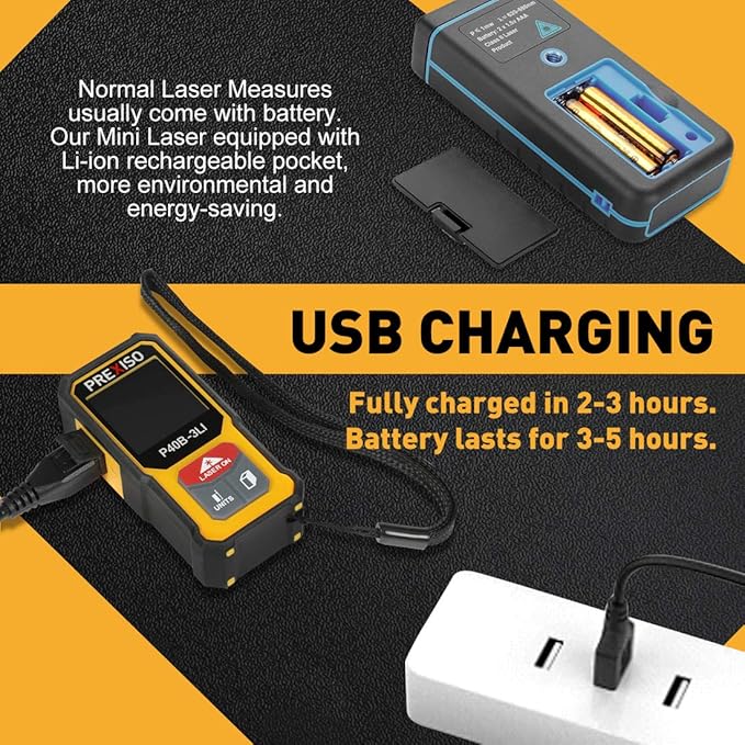 PREXISO Mini Laser Measurement Tool, 135Ft Rechargeable Laser Distance Meter Ft/Ft+in/in/M Unit, Laser Measure with High Accuracy, Pythagorean, Distance, Area, Volume Modes