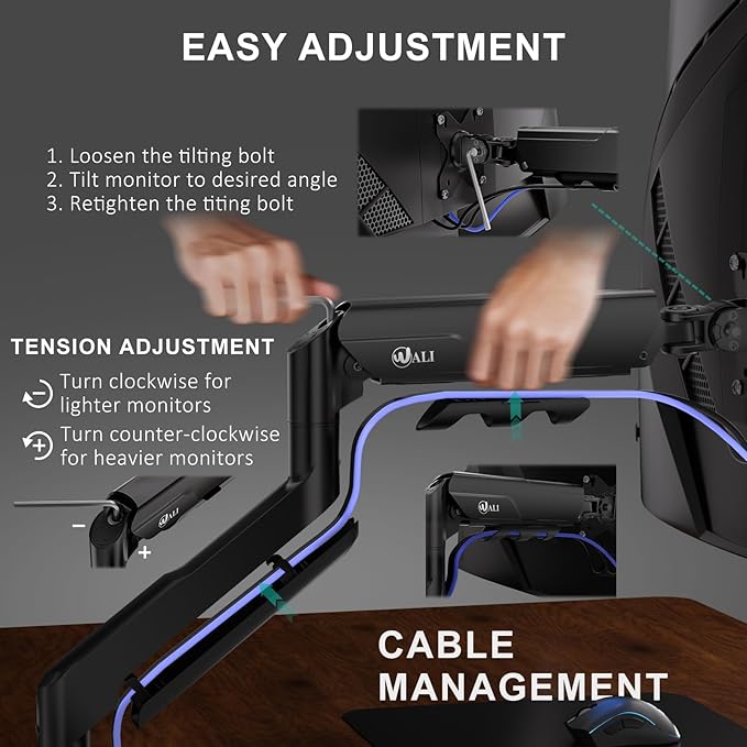 WALI Single Monitor Arm with Desk Mount for 17–49 Inch Screens – Holds Up to 33 lbs, Fully Adjustable VESA Monitor Stand, Heavy Duty Gas Spring for Gaming & Home Office (GSM001XLN)