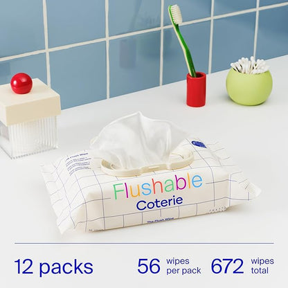 Coterie Flushable Wipes for Toddlers, Designed for Potty Training, Safe for Sensitive Skin, Hypoallergenic, 99% Water, Plant-Based, Fragrance Free, Sewer & Septic Safe, 12 Pack (448 Wipes)
