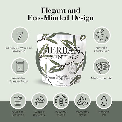 Herban Essentials - Eucalyptus Wipes & Towelettes - Essential Oil Wipes for Hands & Body - Travel Size Essentials and Toiletries - Natural, Individually Wrapped, Disposable & Moist Refresh (7 count)