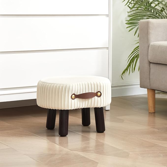 Small Footstool with Handle, Velvet Ottoman Foot Rest with Padded Seat, Curved Foot Stool with Wooden Legs, Portable Foot Rest for Living Room, Bedroom, Entryway, White