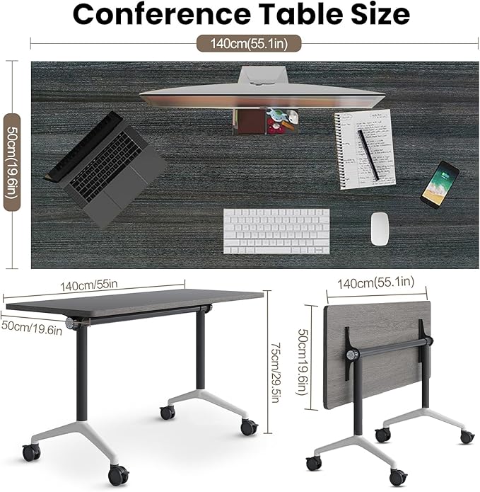 Conference Table, Folding Conference Room Tables, Modern Flip Top Seminar Training Meeting Table with Wheels, Modular Foldable Conference Tables for Home Office Classr (Gray 6 Pack 55.1inch)