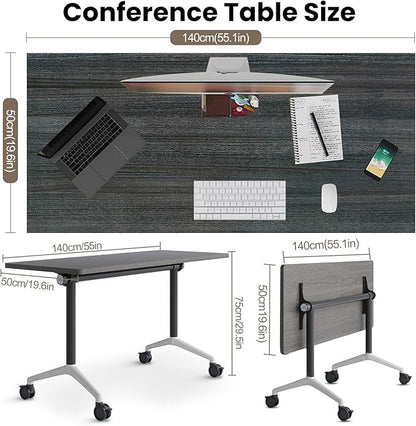 Conference Table, Folding Conference Room Tables, Modern Flip Top Seminar Training Meeting Table with Wheels, Modular Foldable Conference Tables for Home Office Classr (Gray 6 Pack 55.1inch)