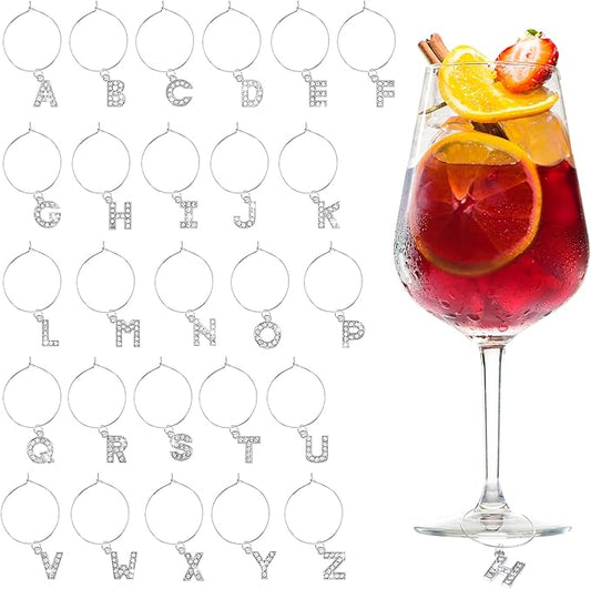 Junkin 26 Pcs Wine Glass Charms Markers Tags for Stem Glasses Drink Markers Wine Charm Ring Identifier for Wedding Bachelorette Tasting Holiday Party Favor Decoration (Silver Letter)