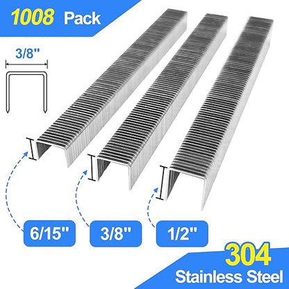 20 Gauge 304 Stainless Steel T/50 Staples - 3/8" Crown Upholstery Staples, 1/4"~9/16" Leg Length, 1008 Counts, Compatible with Staple Gun & T-50 Stapler (5/16"+3/8"+1/2"-1008 pcs)