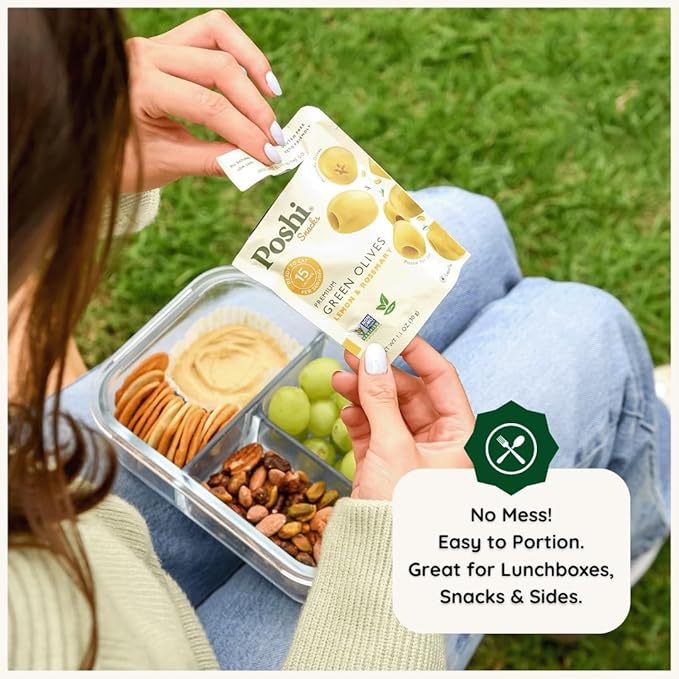 POSHI Green Pitted Olives - Lemon & Rosemary | Vegan, Kosher, Gluten Free + Keto Friendly, Fresh, All Natural Low Calorie Healthy Snacks | (30 Pack, 1.1oz Bags)
