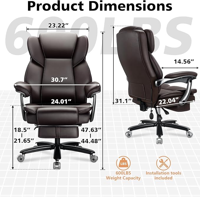 600lbs Big and Tall Office Chair for Heavy People,Heavy Duty Comfy Executive Office Desk Chair with Adjustable Lumbar Support,High Back Reclining PU Leather Computer Chair,Metal Base (Classic, Brown)