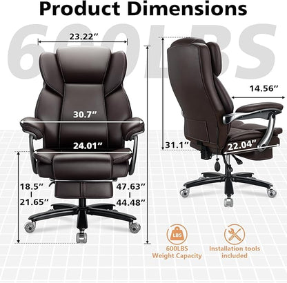 600lbs Big and Tall Office Chair for Heavy People,Heavy Duty Comfy Executive Office Desk Chair with Adjustable Lumbar Support,High Back Reclining PU Leather Computer Chair,Metal Base (Classic, Brown)